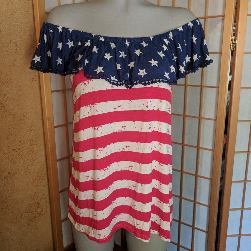 Cloud Chaser Off-Shoulder Stars & Stripes Tank Top in Navy, Red, and White